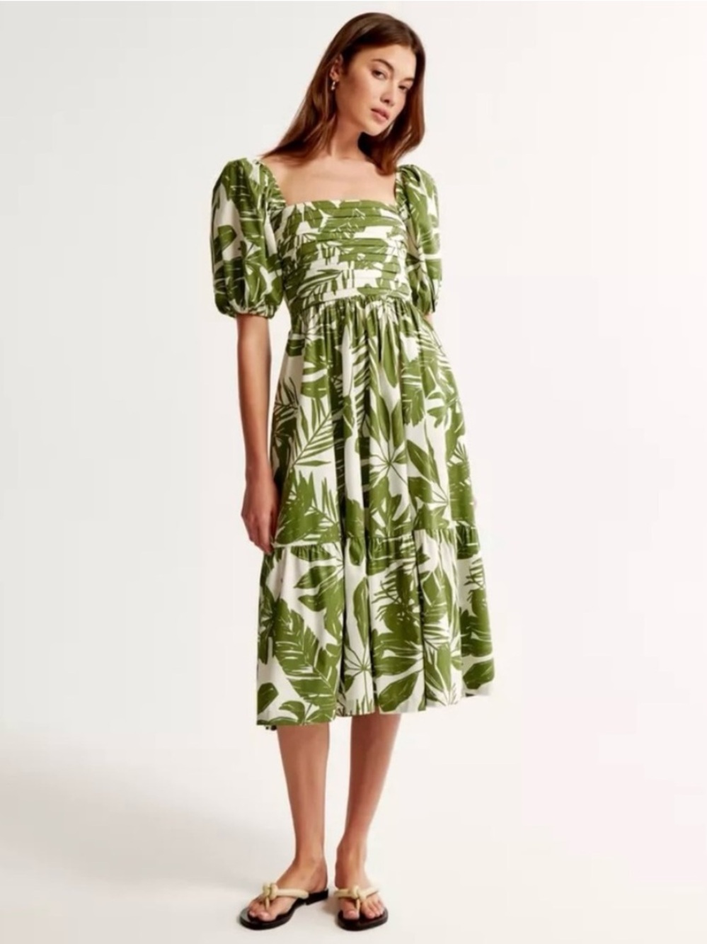 Abercrombie and Fitch Green Leaf-Print Puff Sleeve Midi Dress